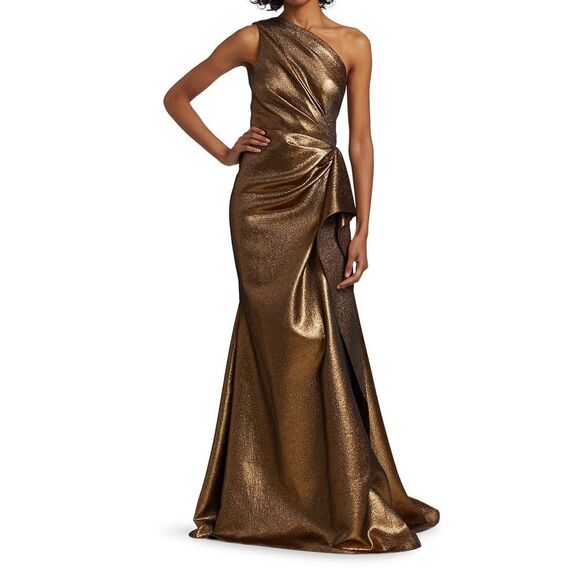 Elegant Metallic Reem Acra One-Shoulder Gown - Picture 2 of 11